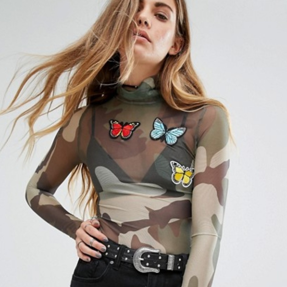 Sheer Mesh Bodysuit In Camo Butterfly Patch